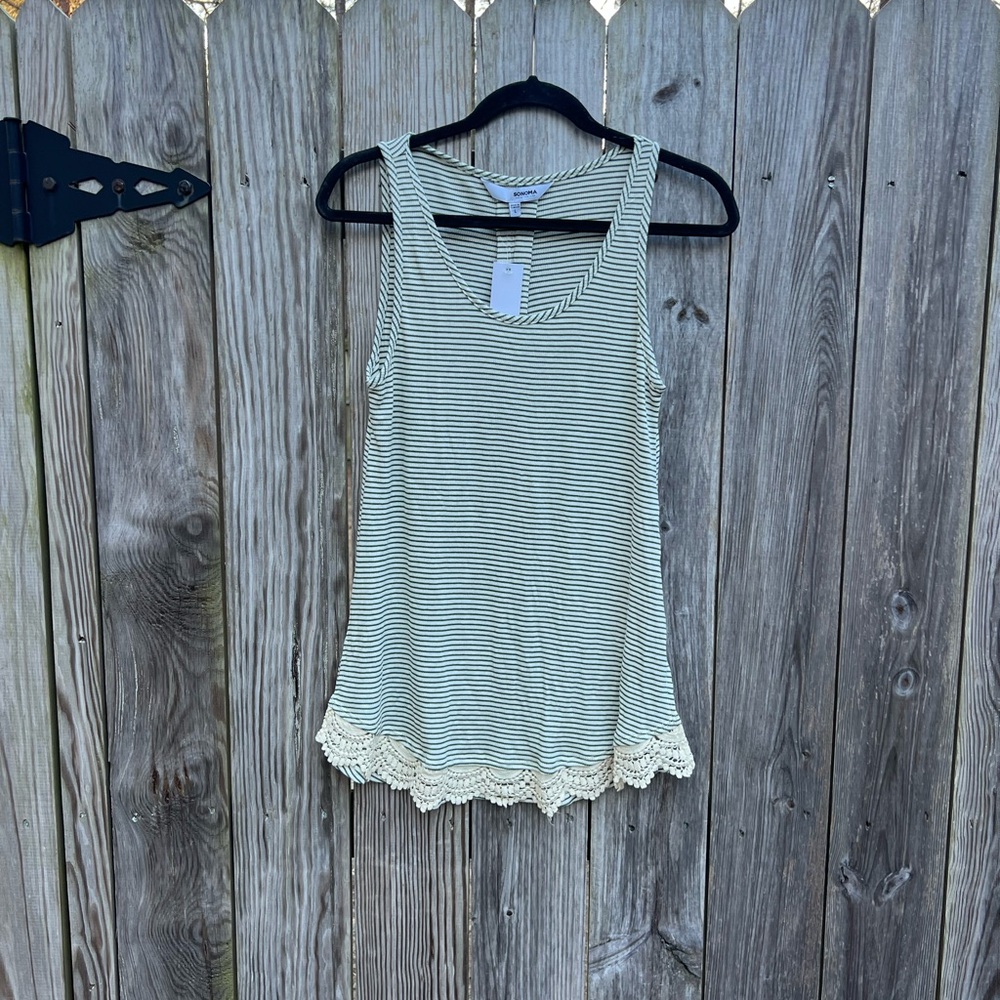 SONOMA  Botanical Green Striped Tank Top w Lace Women’s Large NWT NEW